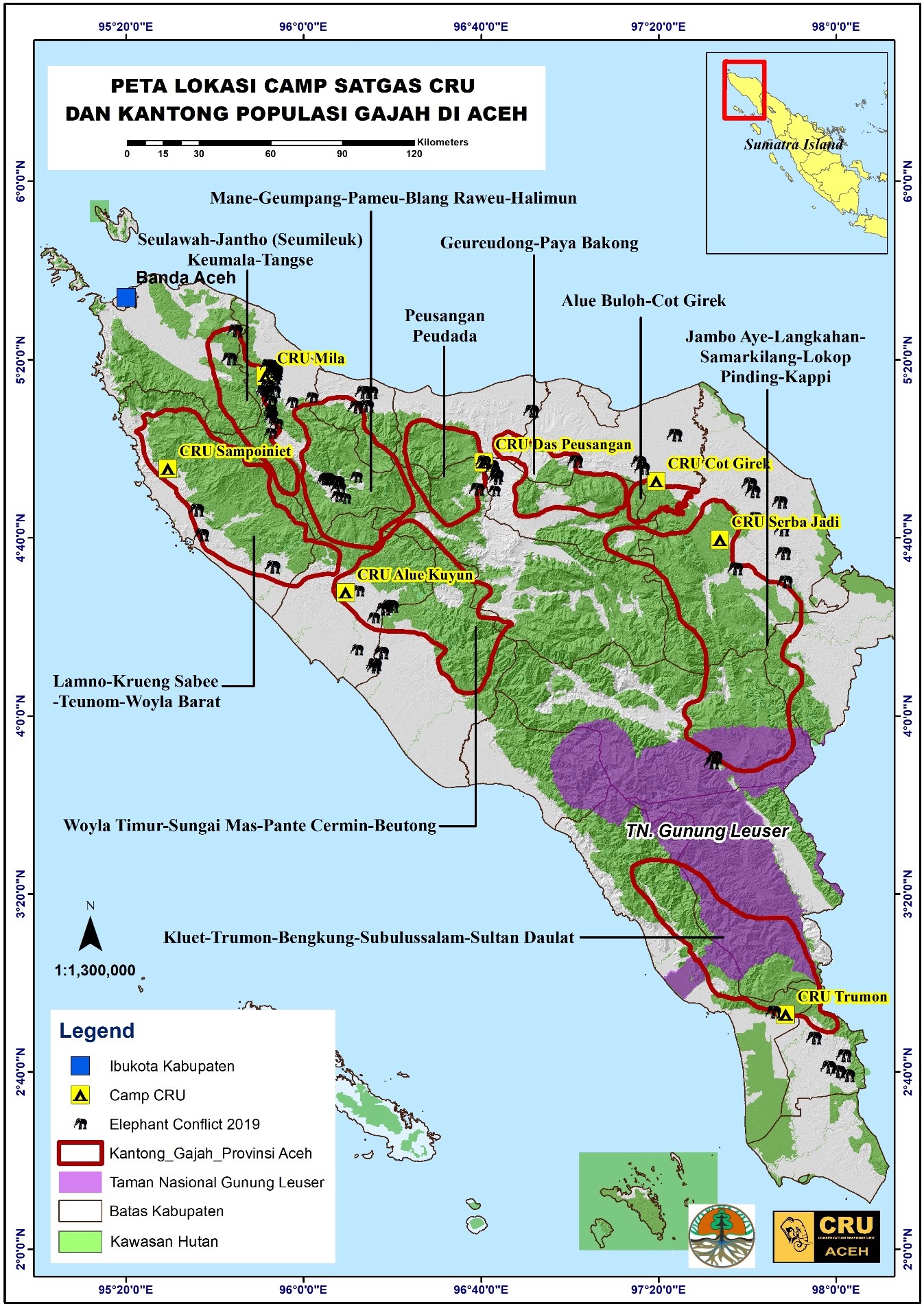 Peta lokasi camp satgas CRU di kantong populasi gajahdi Aceh